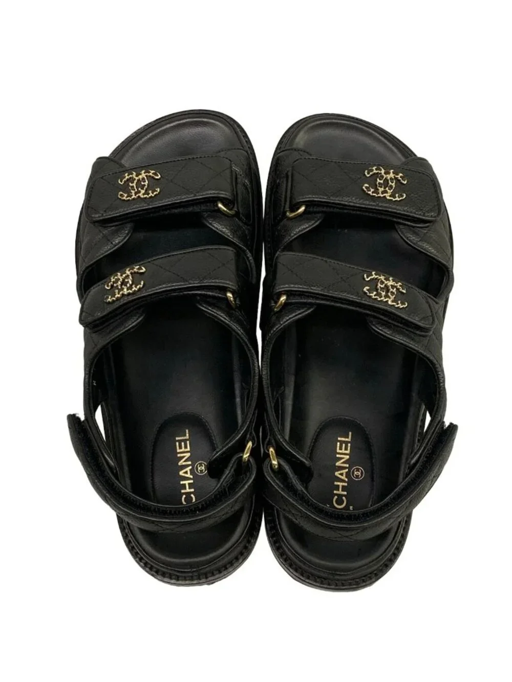 Chanel Sandals Black Quilted Gold CC Logo